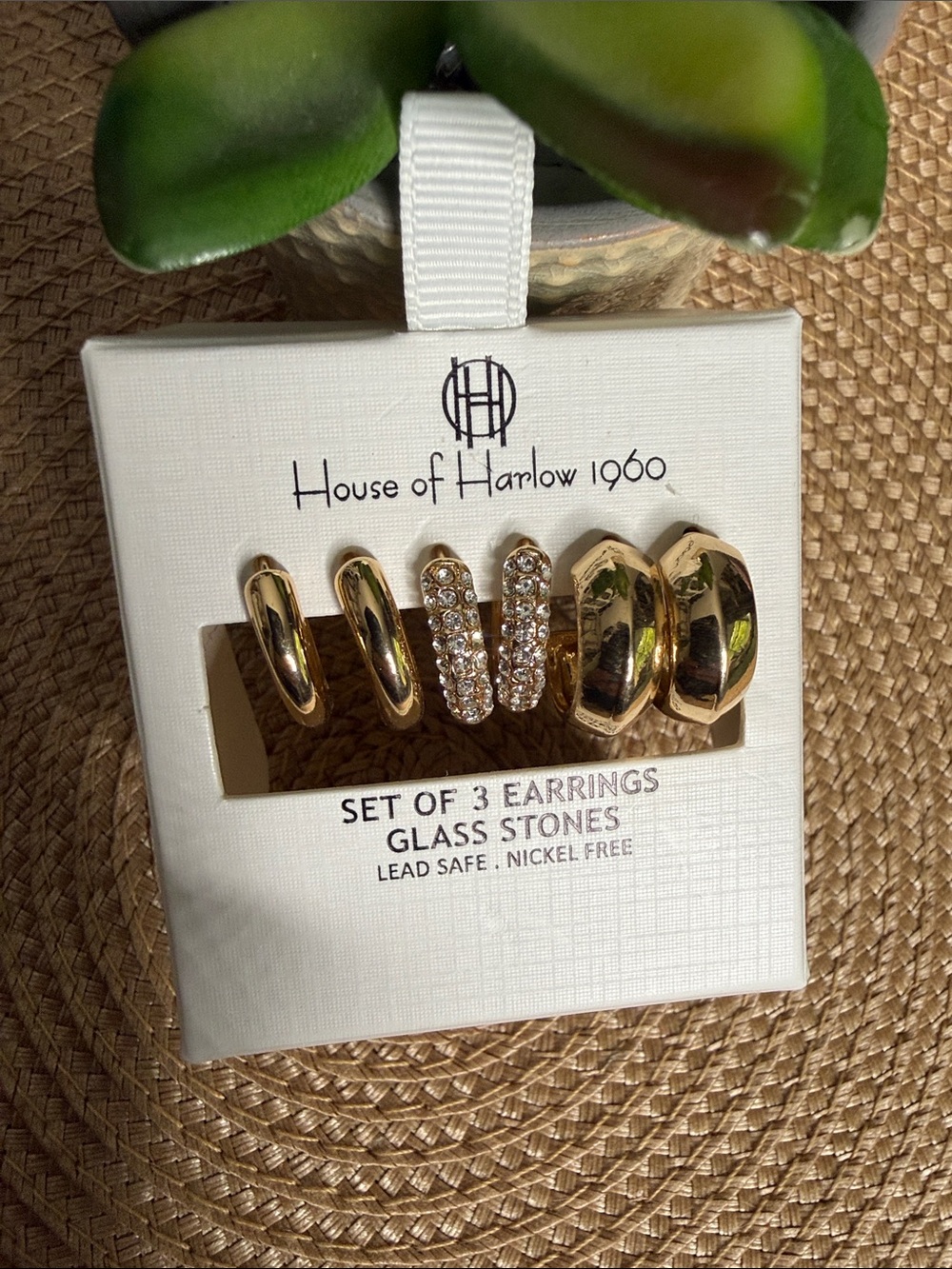 House of Harlow 1960 🔥 Gold 3-Pair Earring Set with Glass Stones